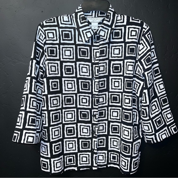 Vintage Allison Daley Blouse Shirt Top Button Up Black White Geometric Pads 8P - Picture 1 of 12